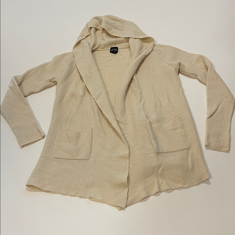 Eileen Fisher Beige Hooded Cardigan Sweater Wool Nylon Silk